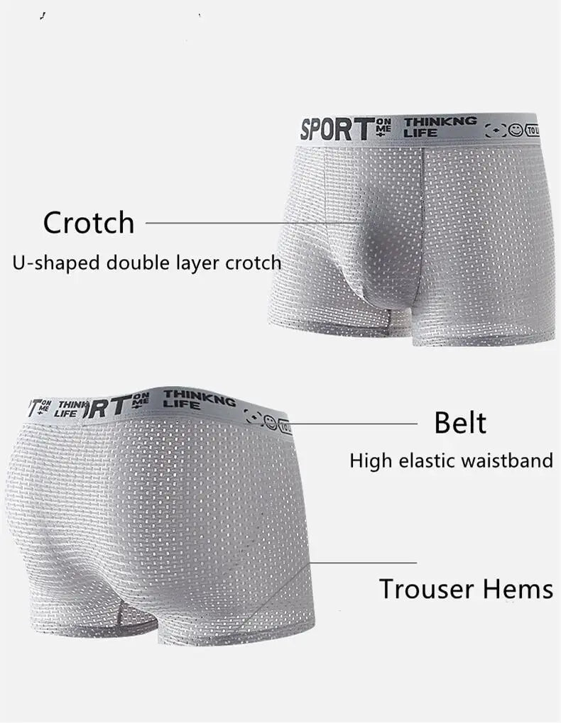 Breathable Mesh Youth Boxer Shorts Letter Print Belt Mens Underwear UltraThin Quick Drying Underpants Seamless Male Boxer Briefs