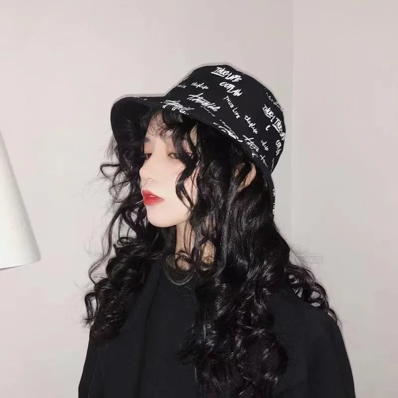 Double-sided Wear Bucket Hats for Men Women Japanese Graffiti Letter Outdoor Sun Caps Unisex Wide Brim Foldable Fisherman Gorrs