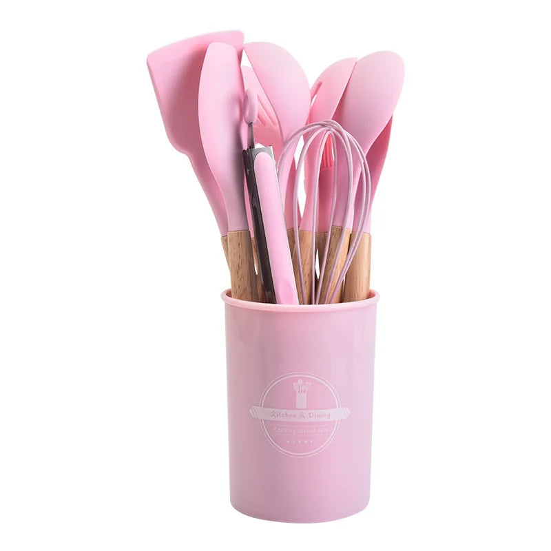 12Pcs Silicone Kitchen Cooking Utensils Temperature Resistant Spoon Spatula Wooden Handle Kitchenware Set With Storage Bucket
