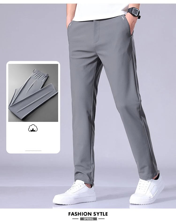 Ultra-thin Elastic Men's Casual Trousers Summer Quick-drying Ice Silk Slim Straight Business Solid Color Trousers Black Gray