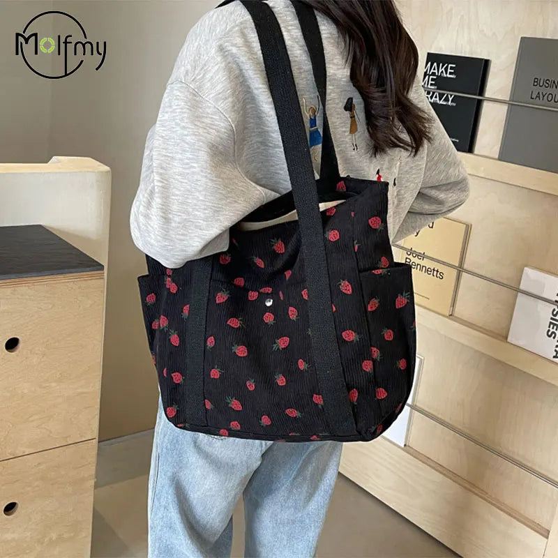 Strawberries Corduroy Handbag Sweet Women's Bag Fashionable Versatile Shoulder Bag Beautiful Simple Commuter Women's Tote Bags