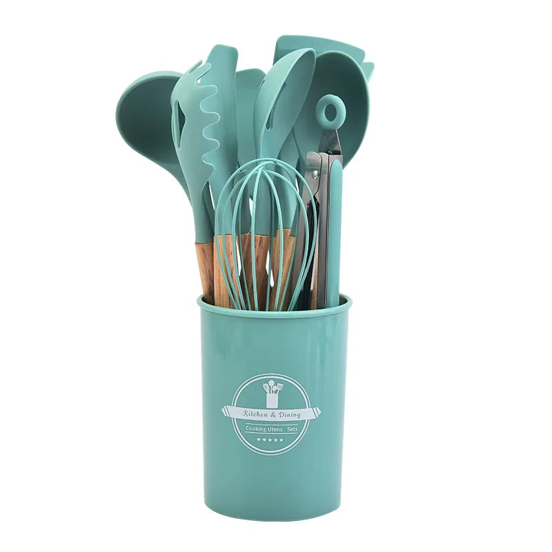 12Pcs Silicone Kitchen Cooking Utensils Temperature Resistant Spoon Spatula Wooden Handle Kitchenware Set With Storage Bucket