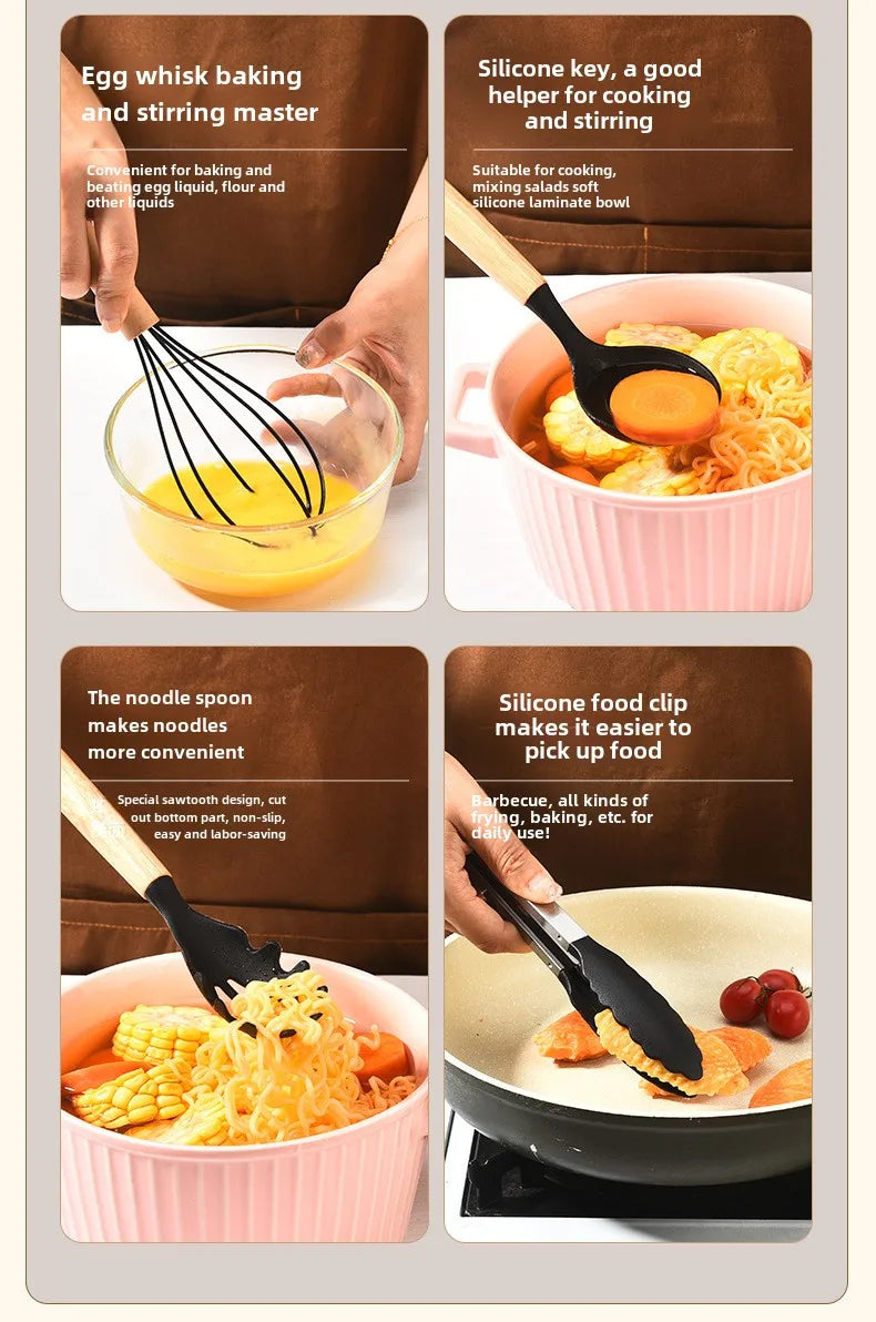 High Temperature Resistant Silicone Kitchenware with Wooden Handle12Set of Cooking Ladel Cream Scraper Tongs Egg Beater