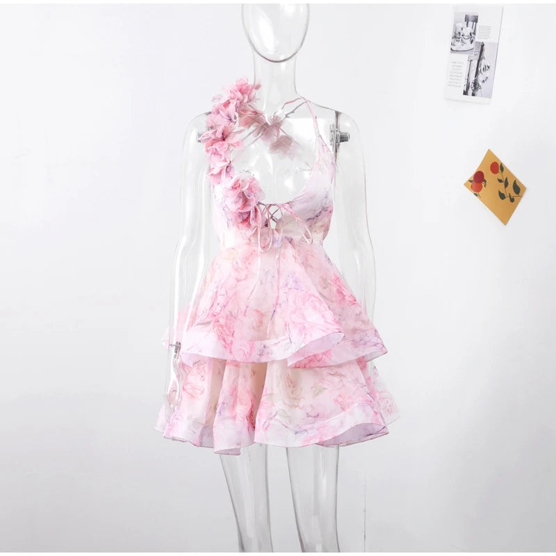 Backless Party Dress Women Elegant 3D Flower Print Sling Lace Up Ruffle A-line Mini Evening Dresses Female 2025 Summer Swimwears
