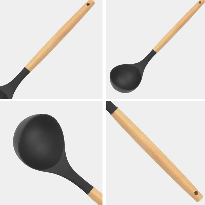12Pcs Silicone Kitchen Cooking Utensils Temperature Resistant Spoon Spatula Wooden Handle Kitchenware Set With Storage Bucket