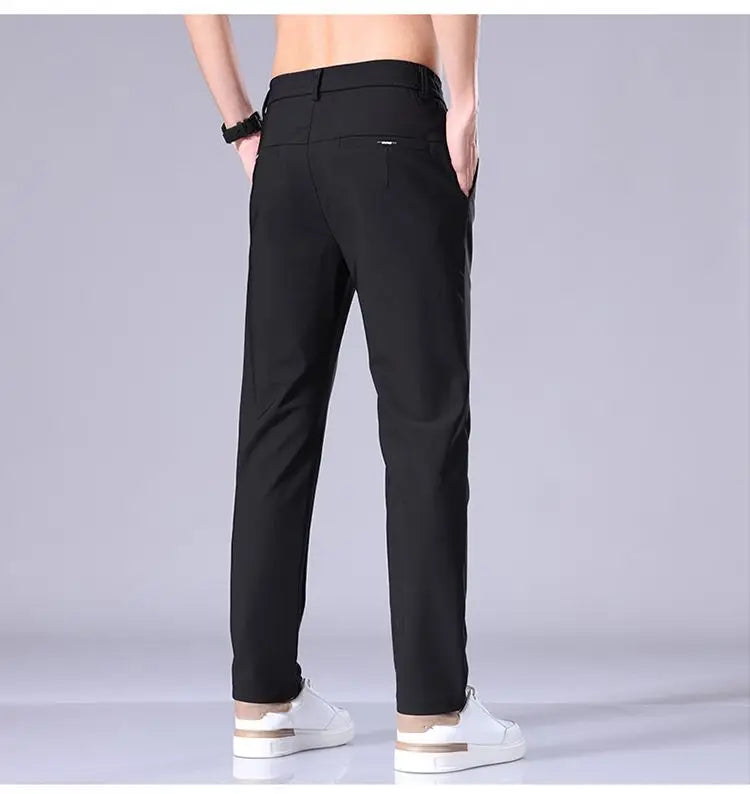 Ultra-thin Elastic Men's Casual Trousers Summer Quick-drying Ice Silk Slim Straight Business Solid Color Trousers Black Gray