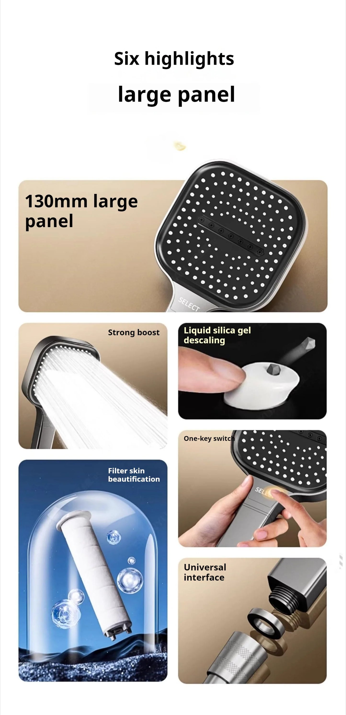 13cm Large Panel 3 Modes Shower Head High Pressure Massage Shower Head with Filter ABS Water Saving Bathroom Shower Nozzle