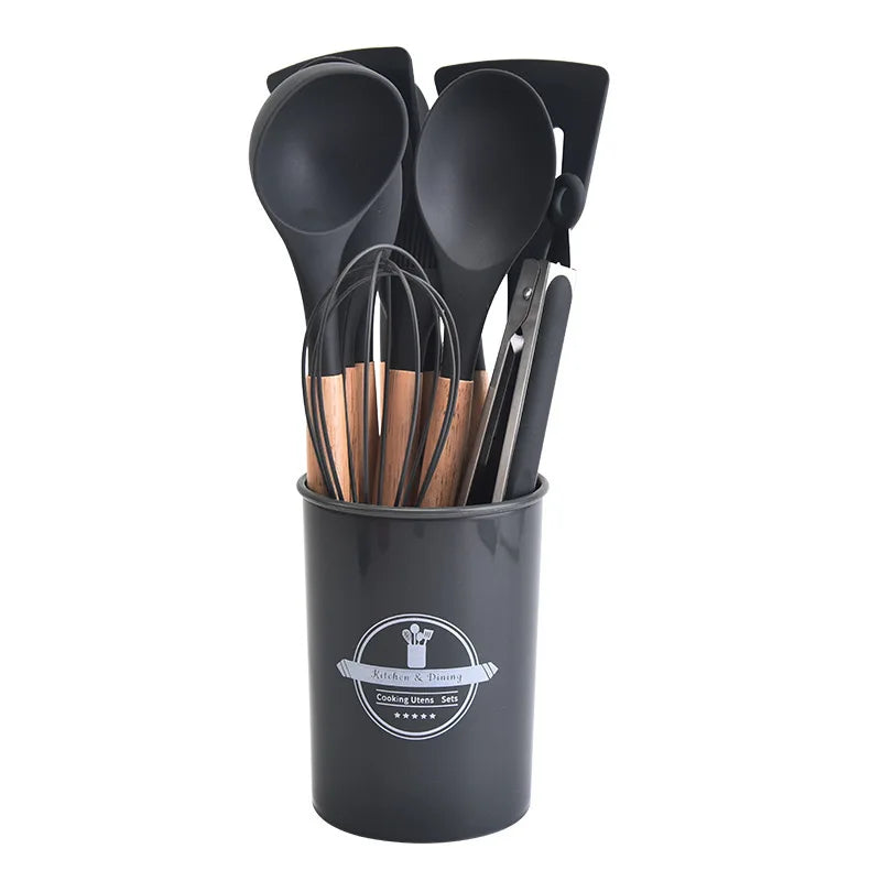 12Pcs Silicone Kitchen Cooking Utensils Temperature Resistant Spoon Spatula Wooden Handle Kitchenware Set With Storage Bucket