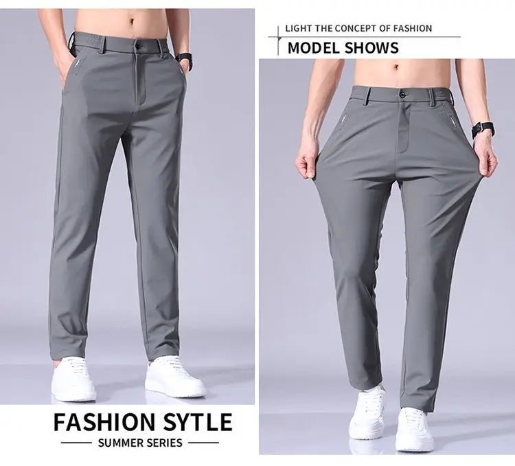 Ultra-thin Elastic Men's Casual Trousers Summer Quick-drying Ice Silk Slim Straight Business Solid Color Trousers Black Gray