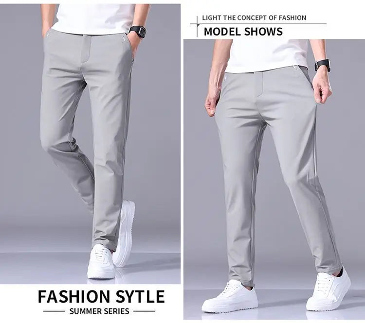 Ultra-thin Elastic Men's Casual Trousers Summer Quick-drying Ice Silk Slim Straight Business Solid Color Trousers Black Gray
