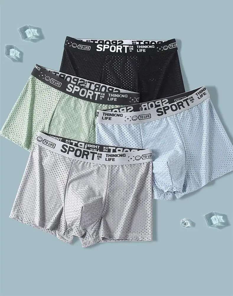 Breathable Mesh Youth Boxer Shorts Letter Print Belt Mens Underwear UltraThin Quick Drying Underpants Seamless Male Boxer Briefs