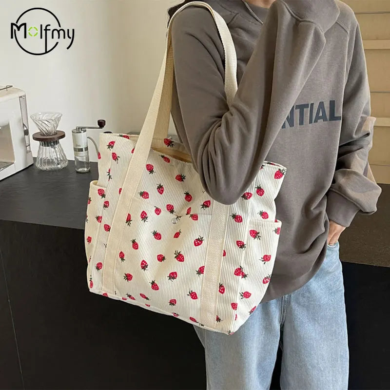 Strawberries Corduroy Handbag Sweet Women's Bag Fashionable Versatile Shoulder Bag Beautiful Simple Commuter Women's Tote Bags