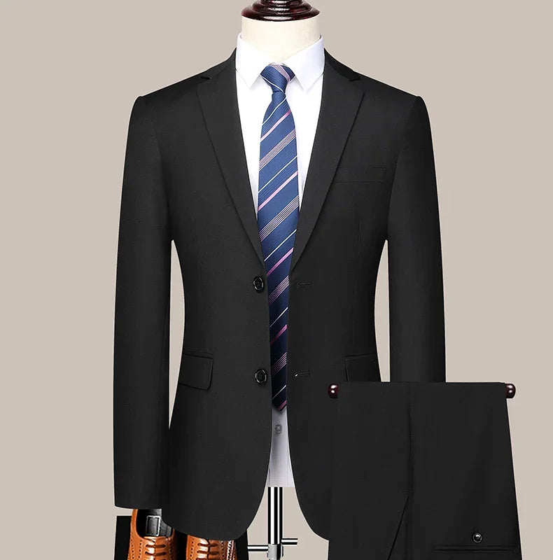 Men's 2024 Slim-fit Two-button Business Suit Professional Work Formal Two-piece Set Trousers Included S-6XL