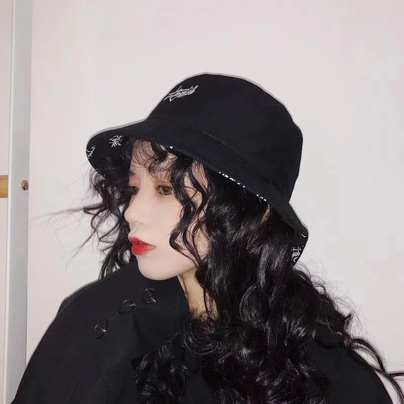 Double-sided Wear Bucket Hats for Men Women Japanese Graffiti Letter Outdoor Sun Caps Unisex Wide Brim Foldable Fisherman Gorrs