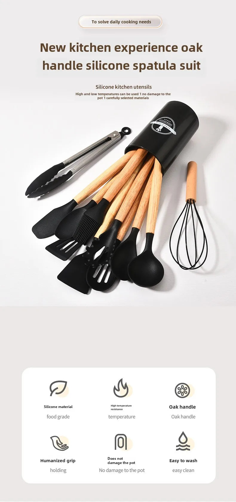 High Temperature Resistant Silicone Kitchenware with Wooden Handle12Set of Cooking Ladel Cream Scraper Tongs Egg Beater