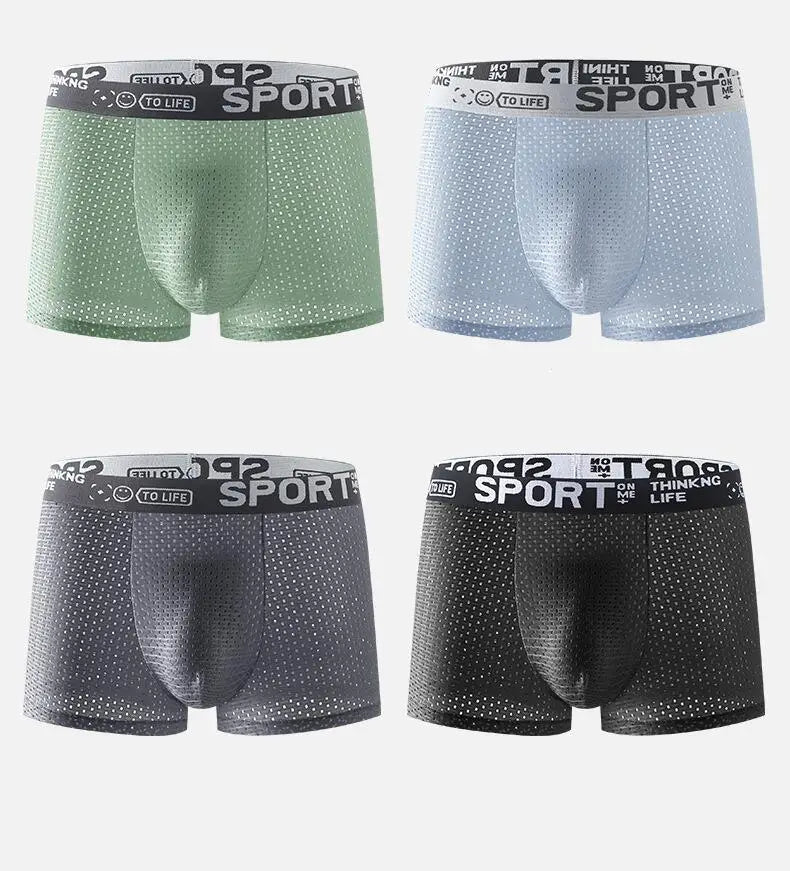 Breathable Mesh Youth Boxer Shorts Letter Print Belt Mens Underwear UltraThin Quick Drying Underpants Seamless Male Boxer Briefs