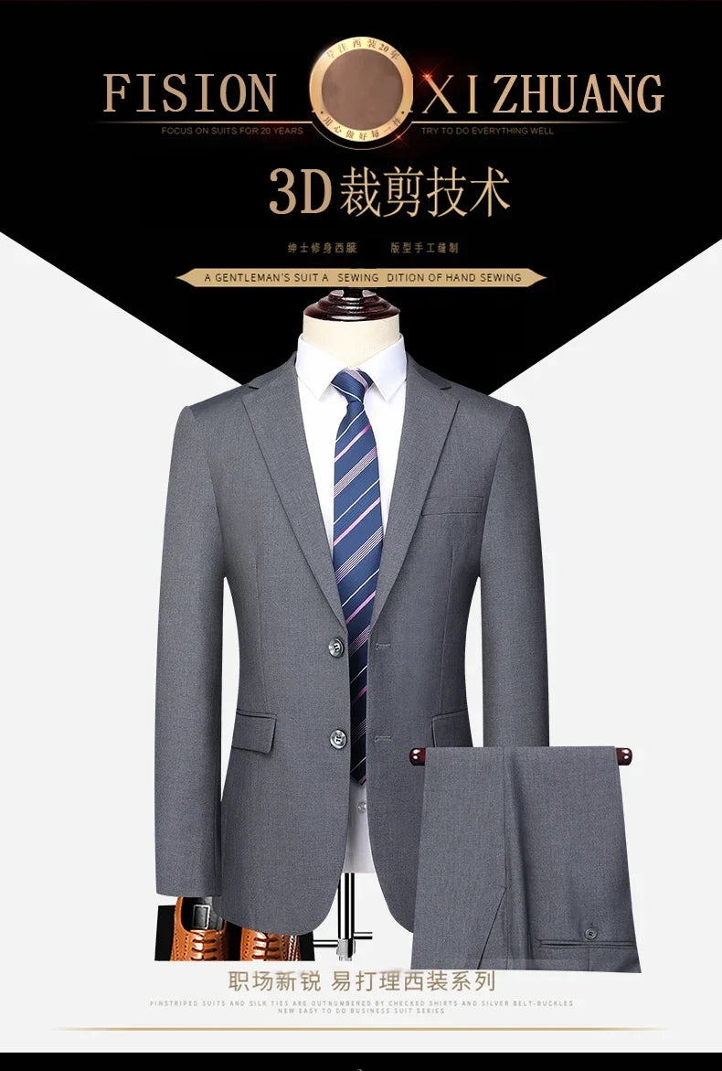 Men's 2024 Slim-fit Two-button Business Suit Professional Work Formal Two-piece Set Trousers Included S-6XL