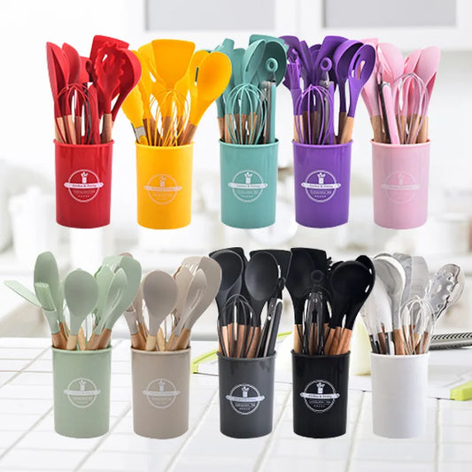 High Temperature Resistant Silicone Kitchenware with Wooden Handle12Set of Cooking Ladel Cream Scraper Tongs Egg Beater