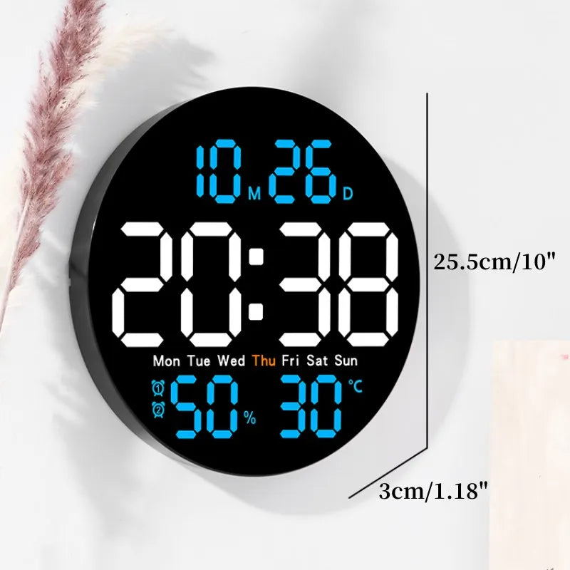10 Inch Remote Control Digital Wall Clock Temperature Humidity Date Week Timing Countdown 2 Alarm Auto Dimmer LED Alarm Clock