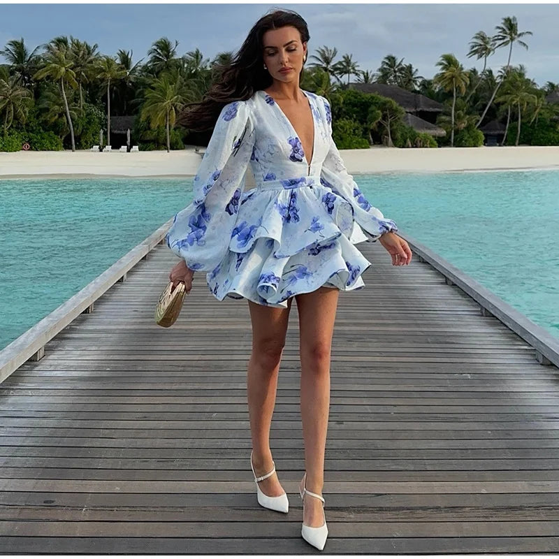 Backless Party Dress Women Elegant 3D Flower Print Sling Lace Up Ruffle A-line Mini Evening Dresses Female 2025 Summer Swimwears