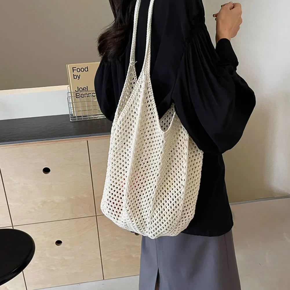 Fashion Women's Hollow Woven Shoulder Bags Large Capacity Knitting Underarm Bag Solid Crochet Tote Handbag Summer Mesh Beach Bag