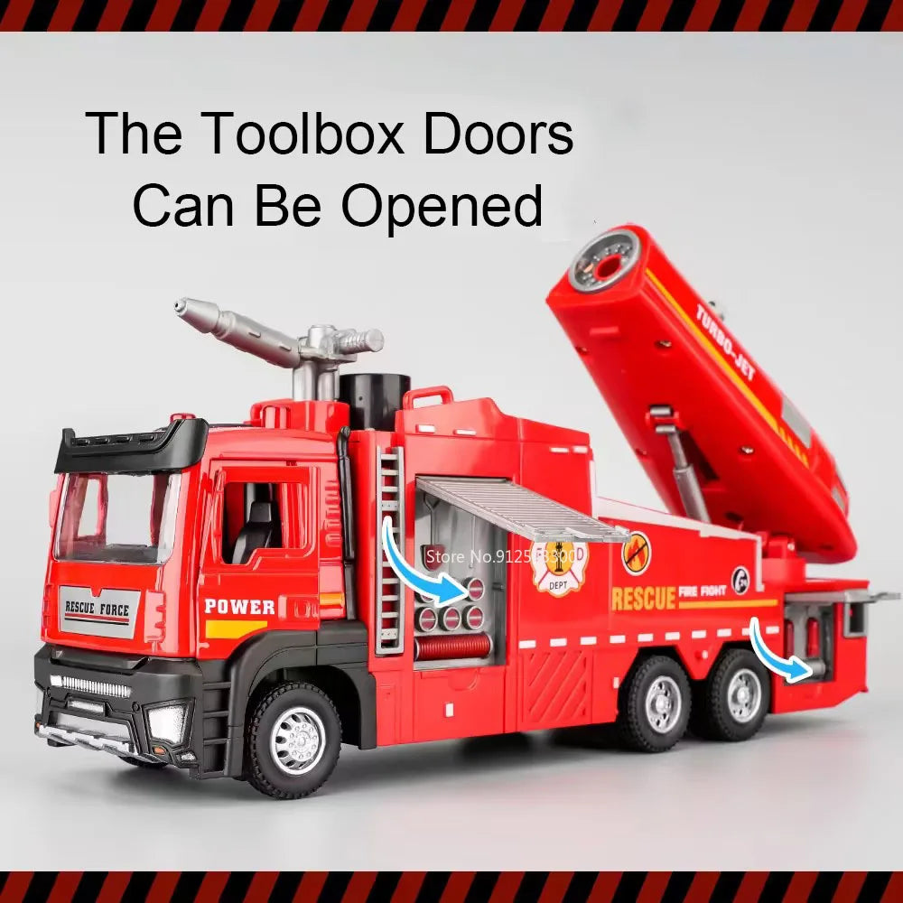 1:32 Scale Water Spray Fire Truck Model Ladder Trucks Toy Car Sound Light Pull Back Doors Opened Vehicle Collection Boys Gift