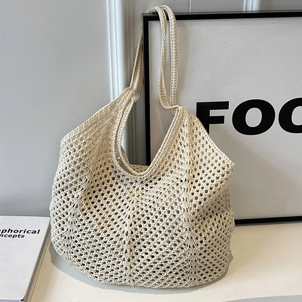 Fashion Women's Hollow Woven Shoulder Bags Large Capacity Knitting Underarm Bag Solid Crochet Tote Handbag Summer Mesh Beach Bag