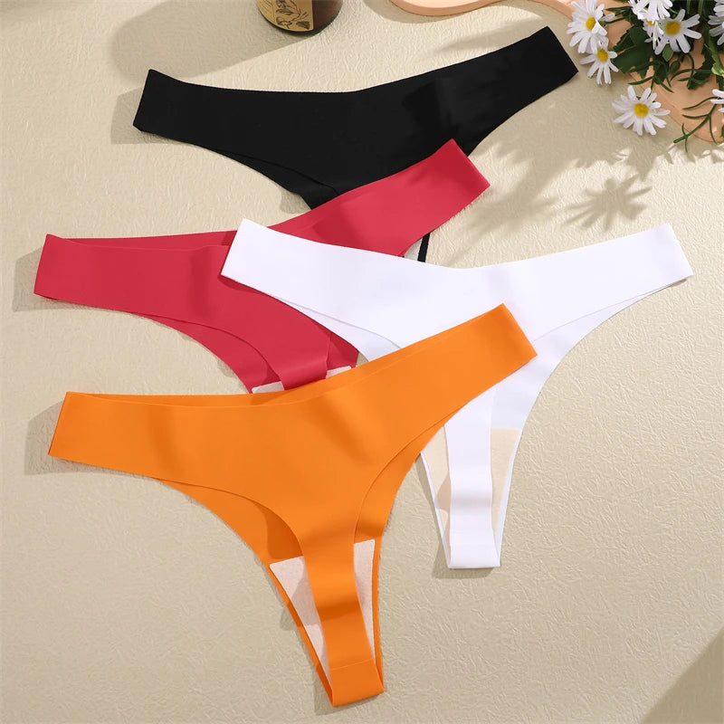 FINETOO 3PCS Women Ice Silk Seamless Underpants Panties Sexy V-Waist Sport Thongs Low Rise 10 Soild Colours Breathable G-string