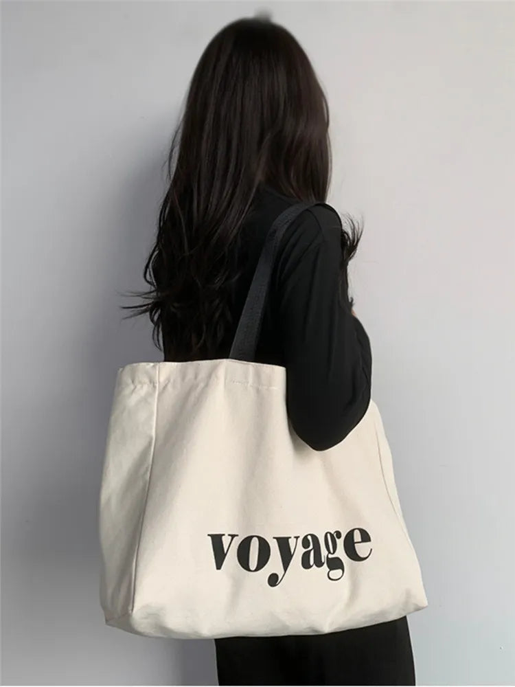 Letter Voyage Canvas Handbag Shoulder Bag Bags For Women Large Capacity Travel Shopping Tote Bag, Student School Bags