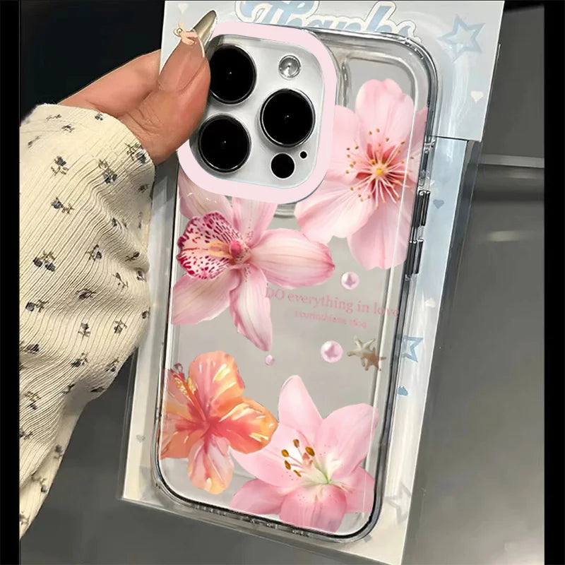 Pink Lily Flower Pattern Phone Case For iPhone 16 16e 15 14 13 12 11 Pro Max X XR XSMax 7 8 Plus SE2 Transparent Soft TPU Cover