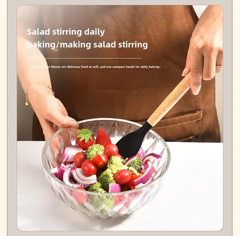High Temperature Resistant Silicone Kitchenware with Wooden Handle12Set of Cooking Ladel Cream Scraper Tongs Egg Beater