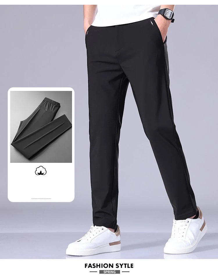 Ultra-thin Elastic Men's Casual Trousers Summer Quick-drying Ice Silk Slim Straight Business Solid Color Trousers Black Gray