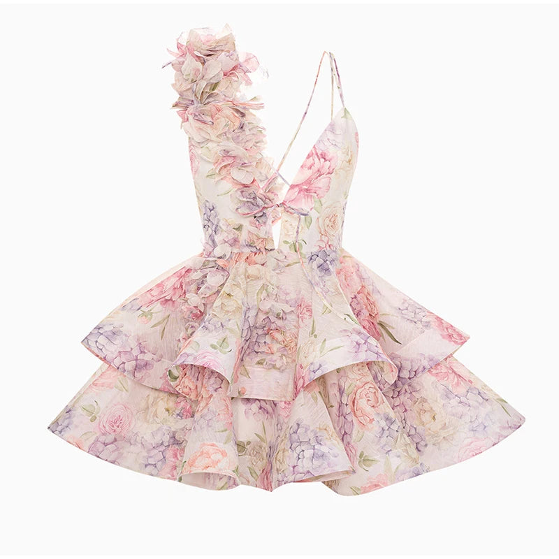 Backless Party Dress Women Elegant 3D Flower Print Sling Lace Up Ruffle A-line Mini Evening Dresses Female 2025 Summer Swimwears