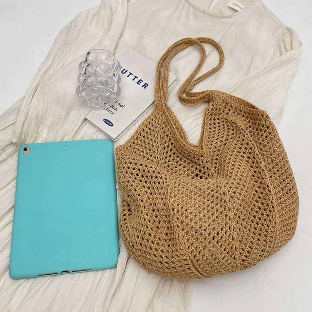 Fashion Women's Hollow Woven Shoulder Bags Large Capacity Knitting Underarm Bag Solid Crochet Tote Handbag Summer Mesh Beach Bag