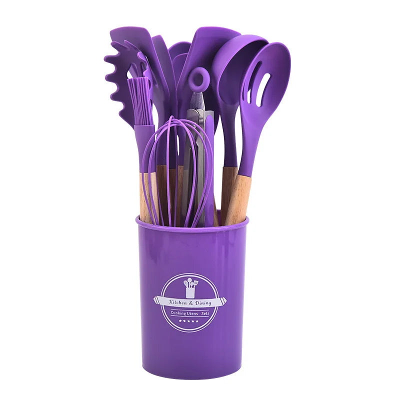 High Temperature Resistant Silicone Kitchenware with Wooden Handle12Set of Cooking Ladel Cream Scraper Tongs Egg Beater