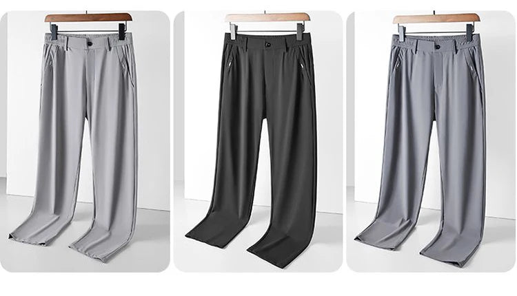 Ultra-thin Elastic Men's Casual Trousers Summer Quick-drying Ice Silk Slim Straight Business Solid Color Trousers Black Gray