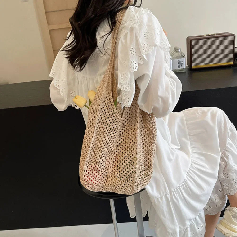 Fashion Women's Hollow Woven Shoulder Bags Large Capacity Knitting Underarm Bag Solid Crochet Tote Handbag Summer Mesh Beach Bag