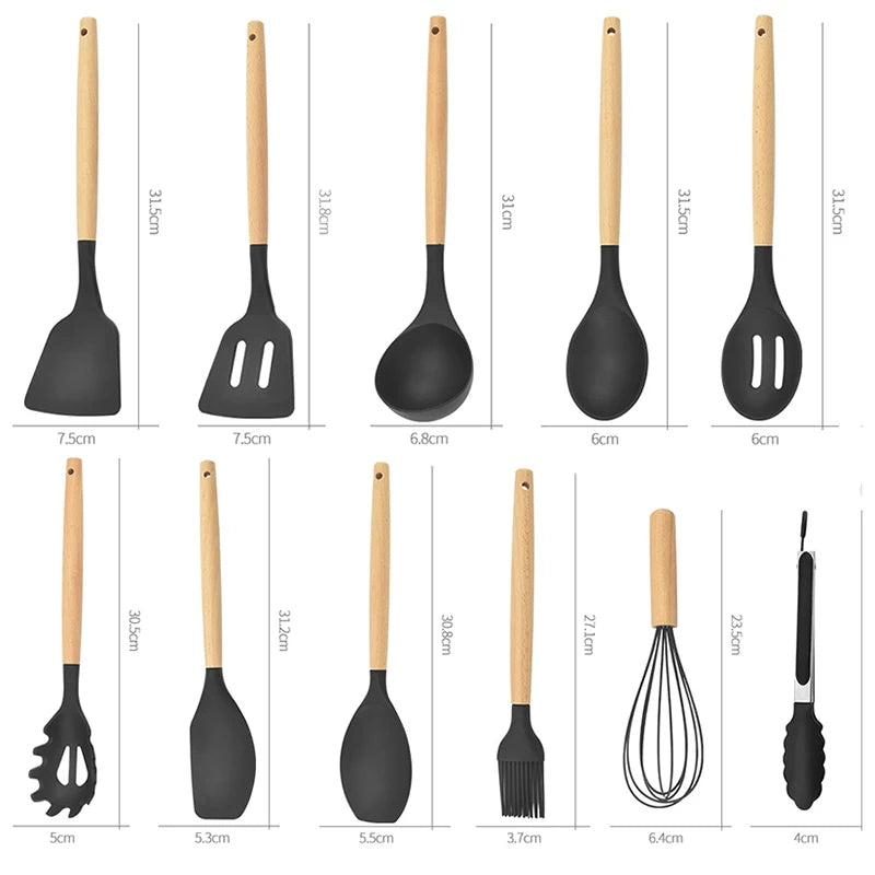 12Pcs Silicone Kitchen Cooking Utensils Temperature Resistant Spoon Spatula Wooden Handle Kitchenware Set With Storage Bucket