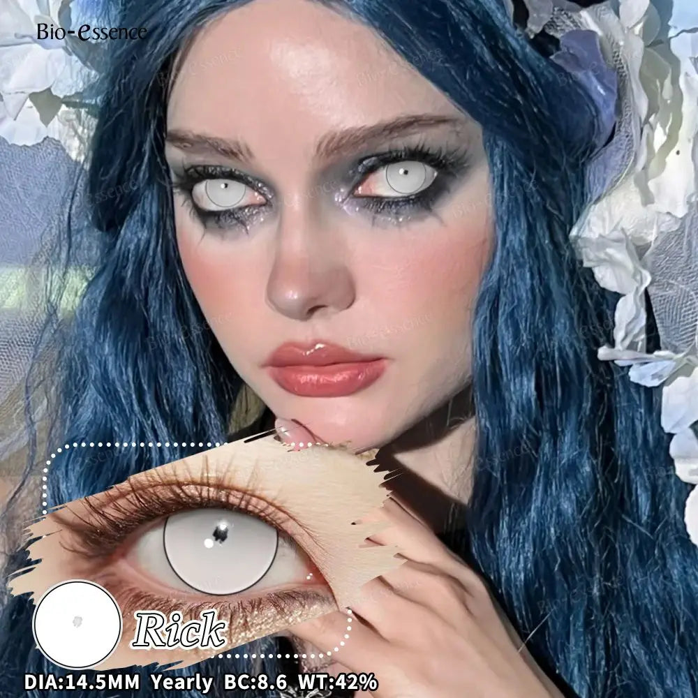 Bio-essence 2Pcs Cosplay Colored Contact Lenses Crazy White Contact Lenses Anime Black Eye Lenses Halloween Beauty Makeup Lens