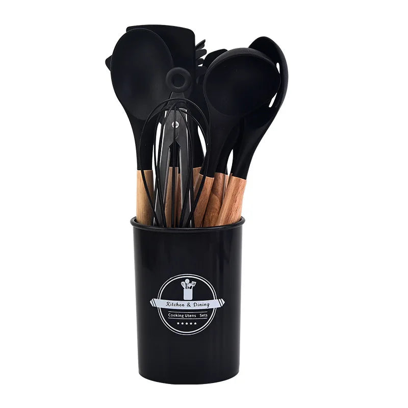 High Temperature Resistant Silicone Kitchenware with Wooden Handle12Set of Cooking Ladel Cream Scraper Tongs Egg Beater