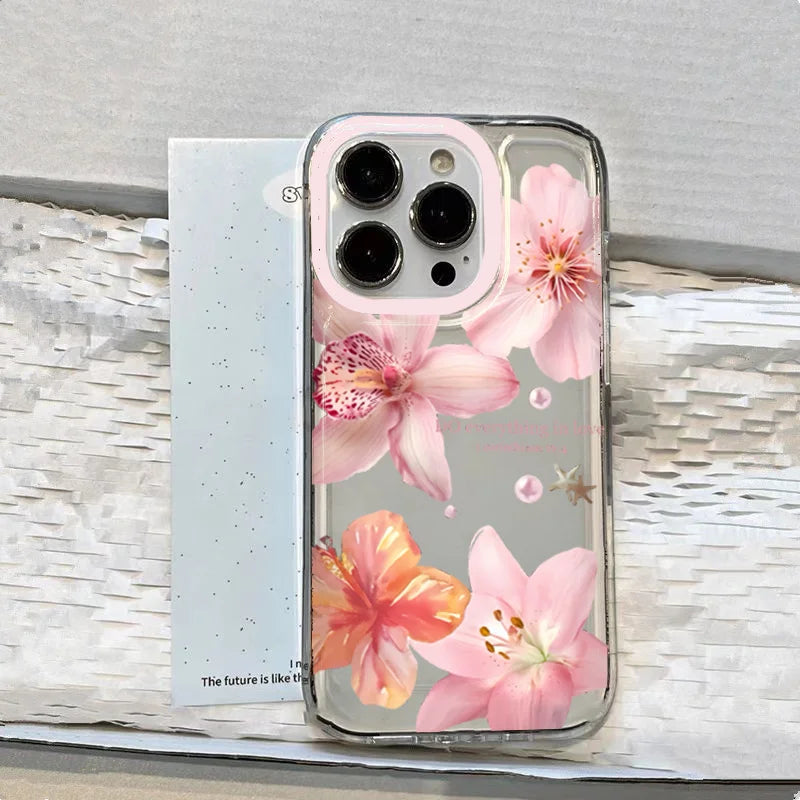 Pink Lily Flower Pattern Phone Case For iPhone 16 16e 15 14 13 12 11 Pro Max X XR XSMax 7 8 Plus SE2 Transparent Soft TPU Cover