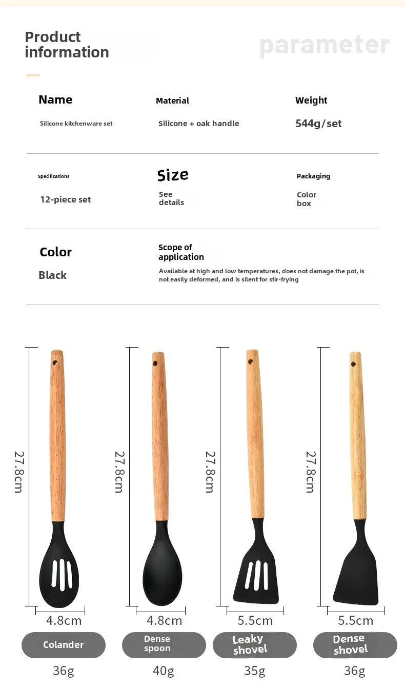 High Temperature Resistant Silicone Kitchenware with Wooden Handle12Set of Cooking Ladel Cream Scraper Tongs Egg Beater