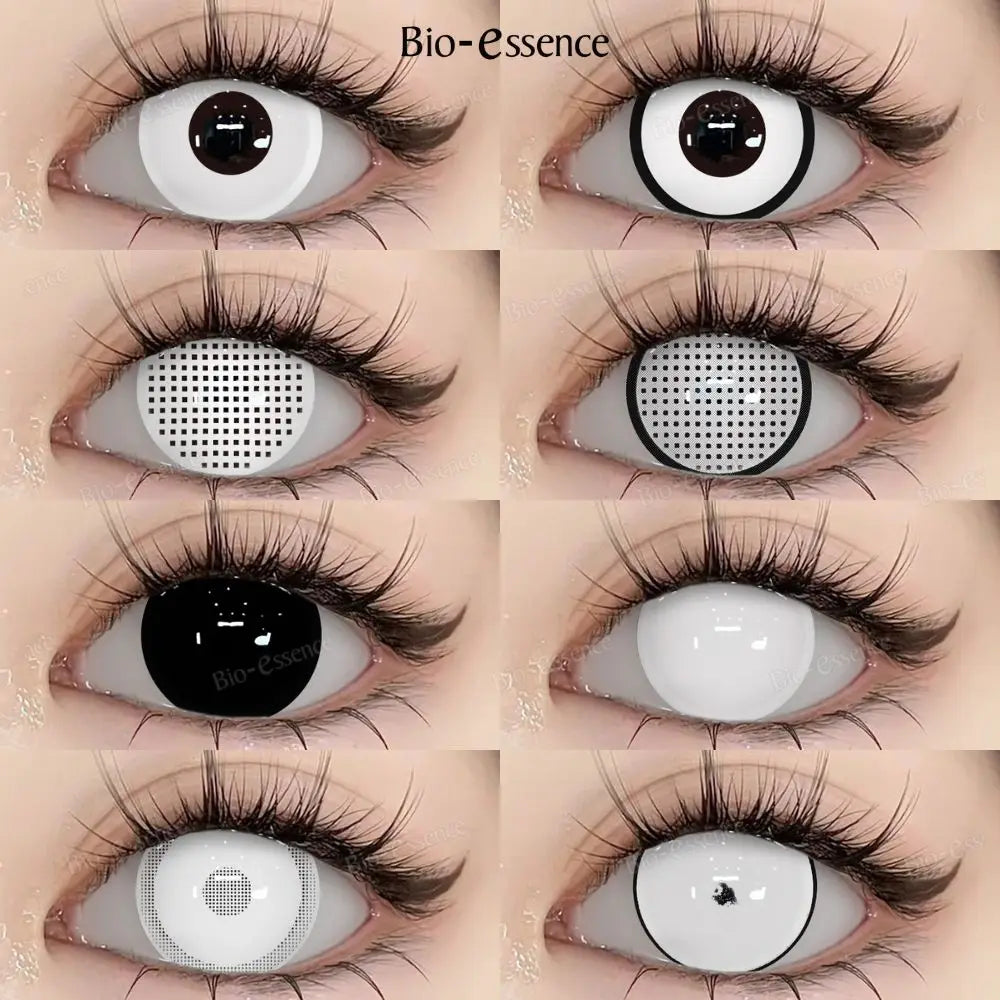 Bio-essence 2Pcs Cosplay Colored Contact Lenses Crazy White Contact Lenses Anime Black Eye Lenses Halloween Beauty Makeup Lens