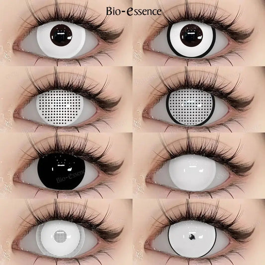 Bio-essence 2Pcs Cosplay Colored Contact Lenses Crazy White Contact Lenses Anime Black Eye Lenses Halloween Beauty Makeup Lens