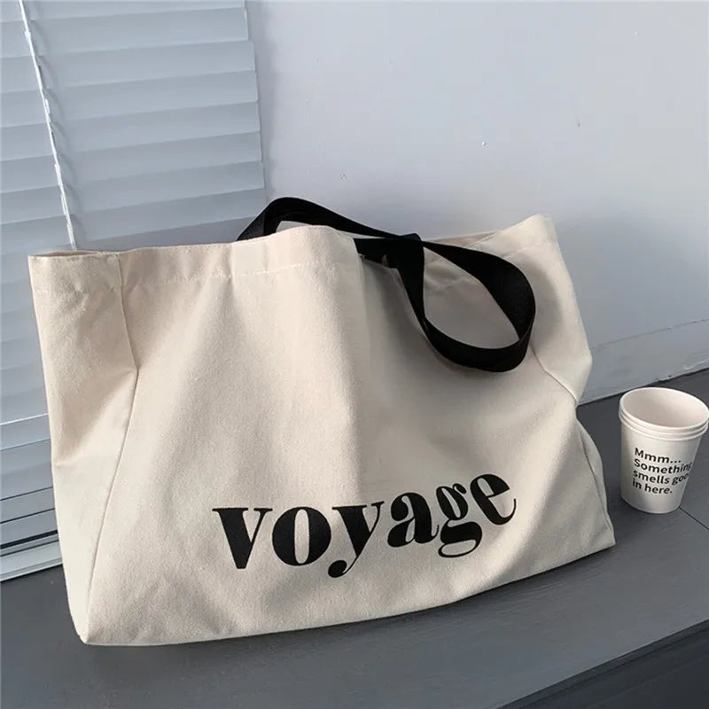 Letter Voyage Canvas Handbag Shoulder Bag Bags For Women Large Capacity Travel Shopping Tote Bag, Student School Bags
