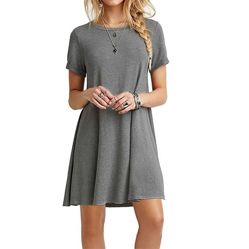 Women Mini Dress Summer Casual Boho Beach Dresses Solid Color O-Neck Short Sleeve Party A-Line Dress Vestidos QT033