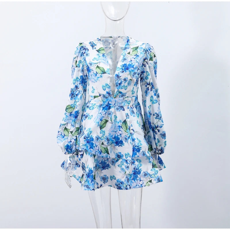 Backless Party Dress Women Elegant 3D Flower Print Sling Lace Up Ruffle A-line Mini Evening Dresses Female 2025 Summer Swimwears