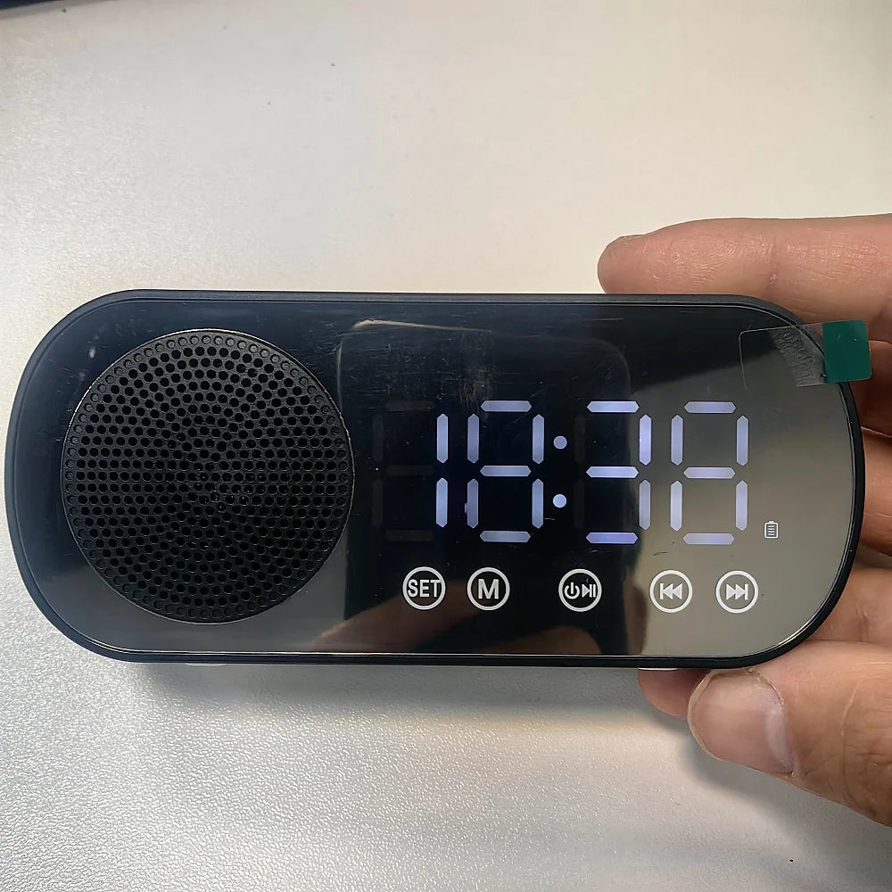 Mini Mirror Digital Alarm Clock Timer Rechargable Wireless Clock 2 Alarms FM Radio Wireless Speaker Subwoofer Desktop LED Clock