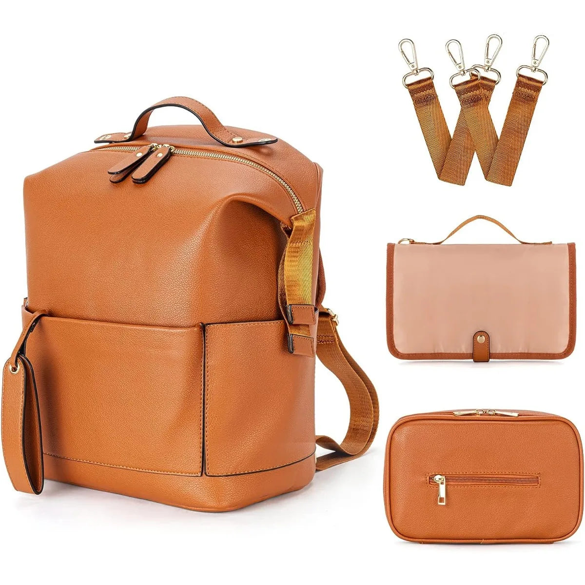 7-in-1 Baby Diaper Bag Solid PU Leather Mummy Maternity Bag Large Capacity Travel Back Pack Stroller Bags with Changing Pad