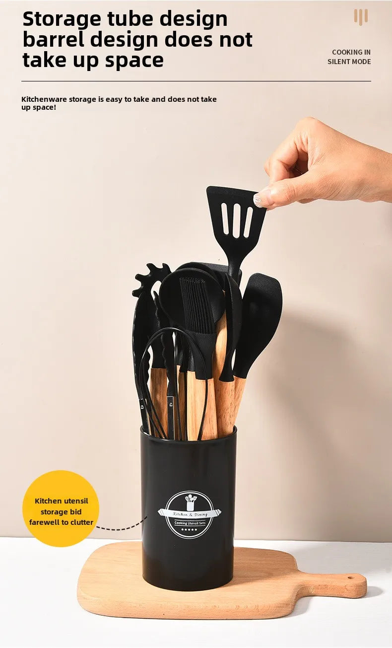 High Temperature Resistant Silicone Kitchenware with Wooden Handle12Set of Cooking Ladel Cream Scraper Tongs Egg Beater
